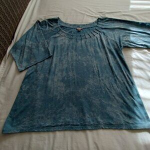J.JILL Blue & White 3/4 Sleeve CRINKLE/Burn-Out SCOOP Neck TEE Sz LARGE